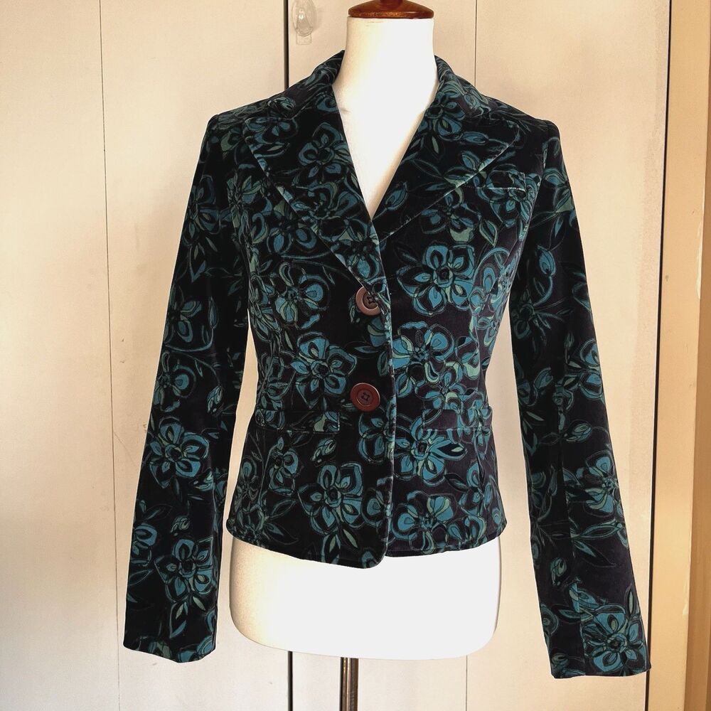 Caslon Velvet Blazer Jacket Women XS Blue Green Floral Stretch Lined